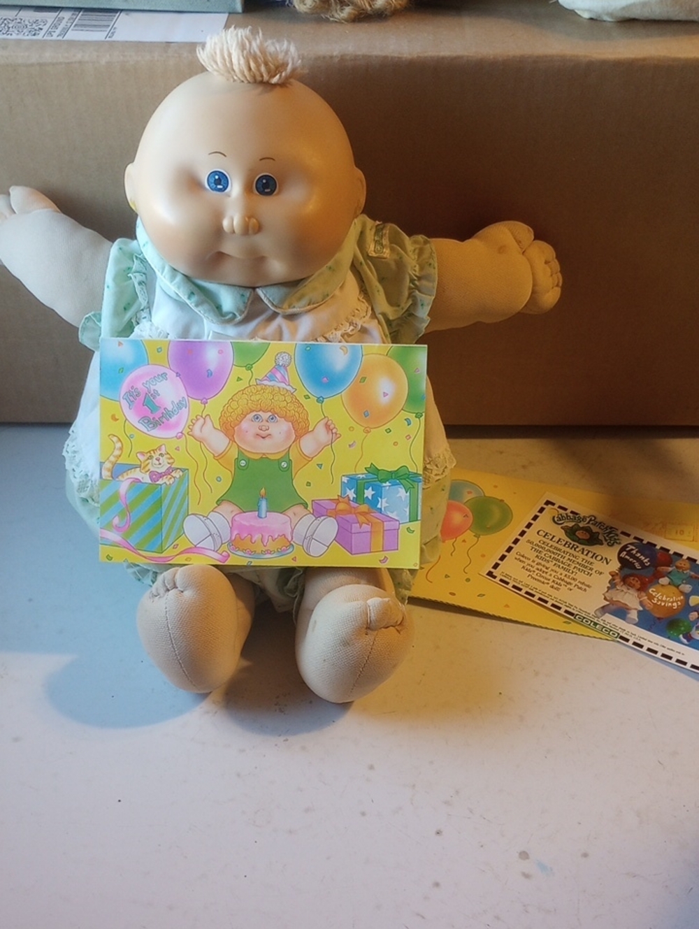 Vintage 80s Cabbage Patch Kid Preemie Doll w/ Original Outfit & Birthday Card!